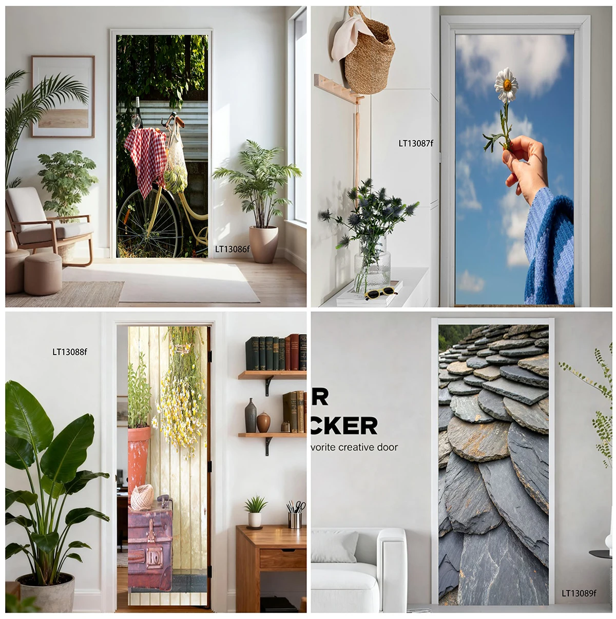 Vintage Bicycle Green Plant Country Door Sticker Waterproof Self Adhesive Decal Tear Resistant Indoor Home Door Wrap Decor