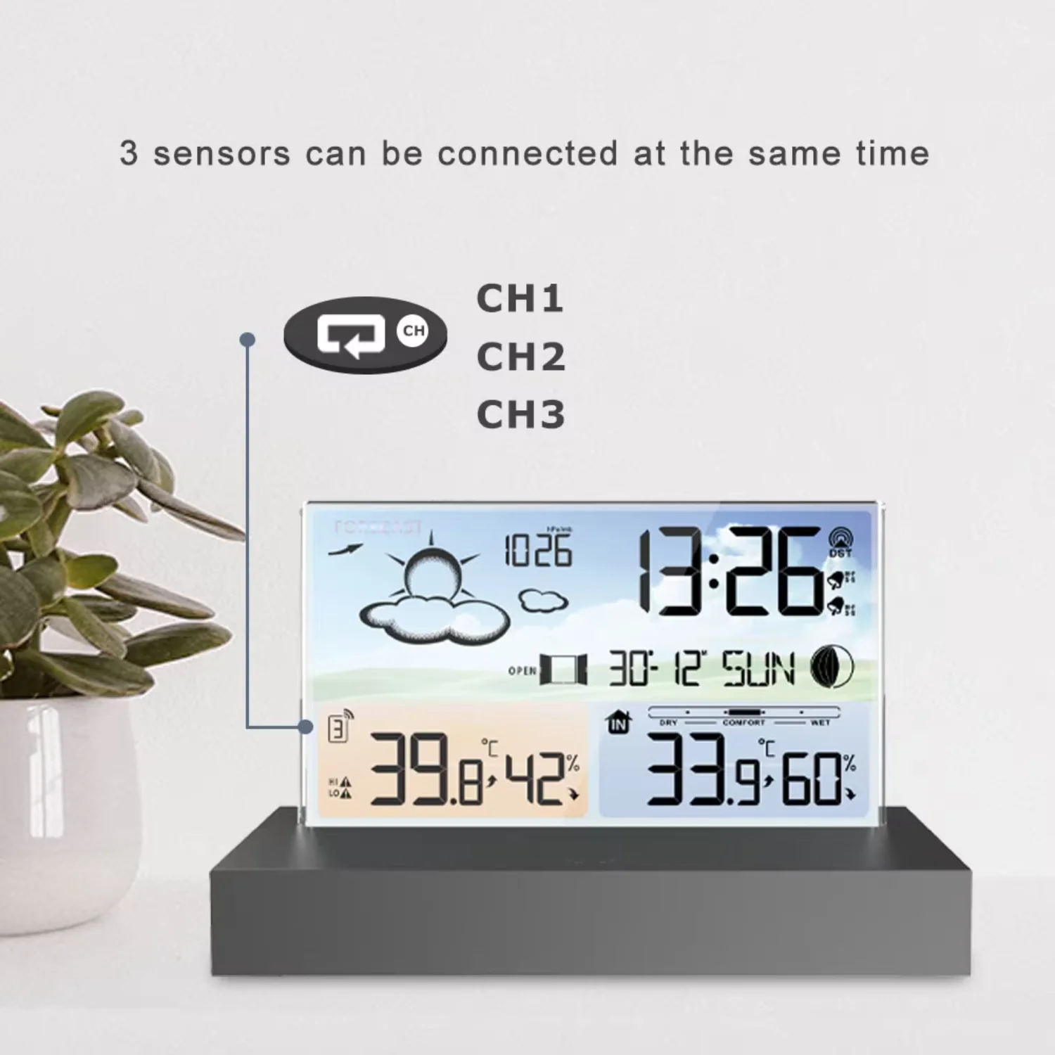 Transparent Glass Weather Clock, Wireless Multifunctional Weather forecast, Electronic Alarm Clock, Black Outdoor Sensors