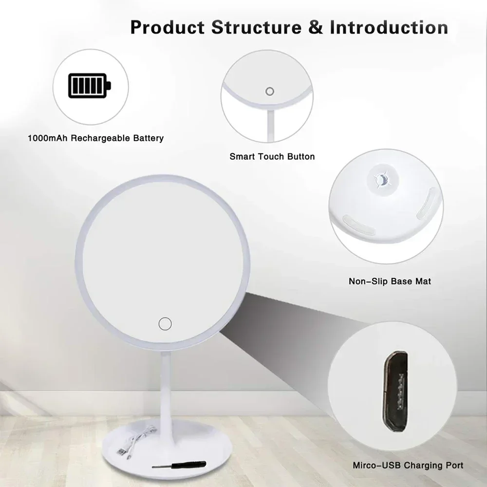 Detachable 3-Mode LED Vanity Mirror with Daylight LightingUSB Rechargeable & Storage Base – Portable Makeup Mirror Gift for girl