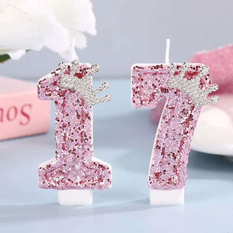 Pink Sequin Crown Rhinestone Number Birthday Candles 0-9 Princess Cake Topper DIY Candle Girls Birthday Party Cake Decorations