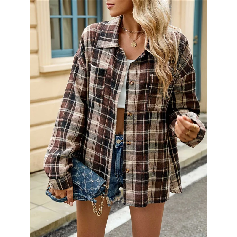 AOAO-Camicie da donna in flanella abbottonata con maniche lunghe e bottoni scozzesi, camicetta casual da lavoro