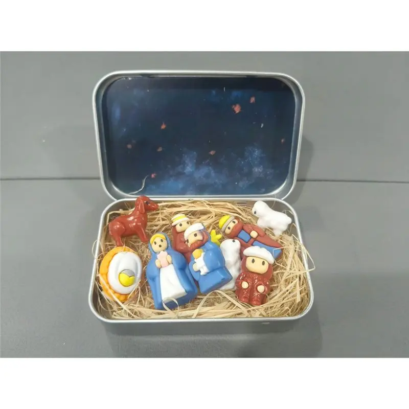 PZHI-Handcrafted Portable Christmas Nativity Set, Mini Figurines Included In A Tin Box, Ideal For Home, Office, For Desk Scene