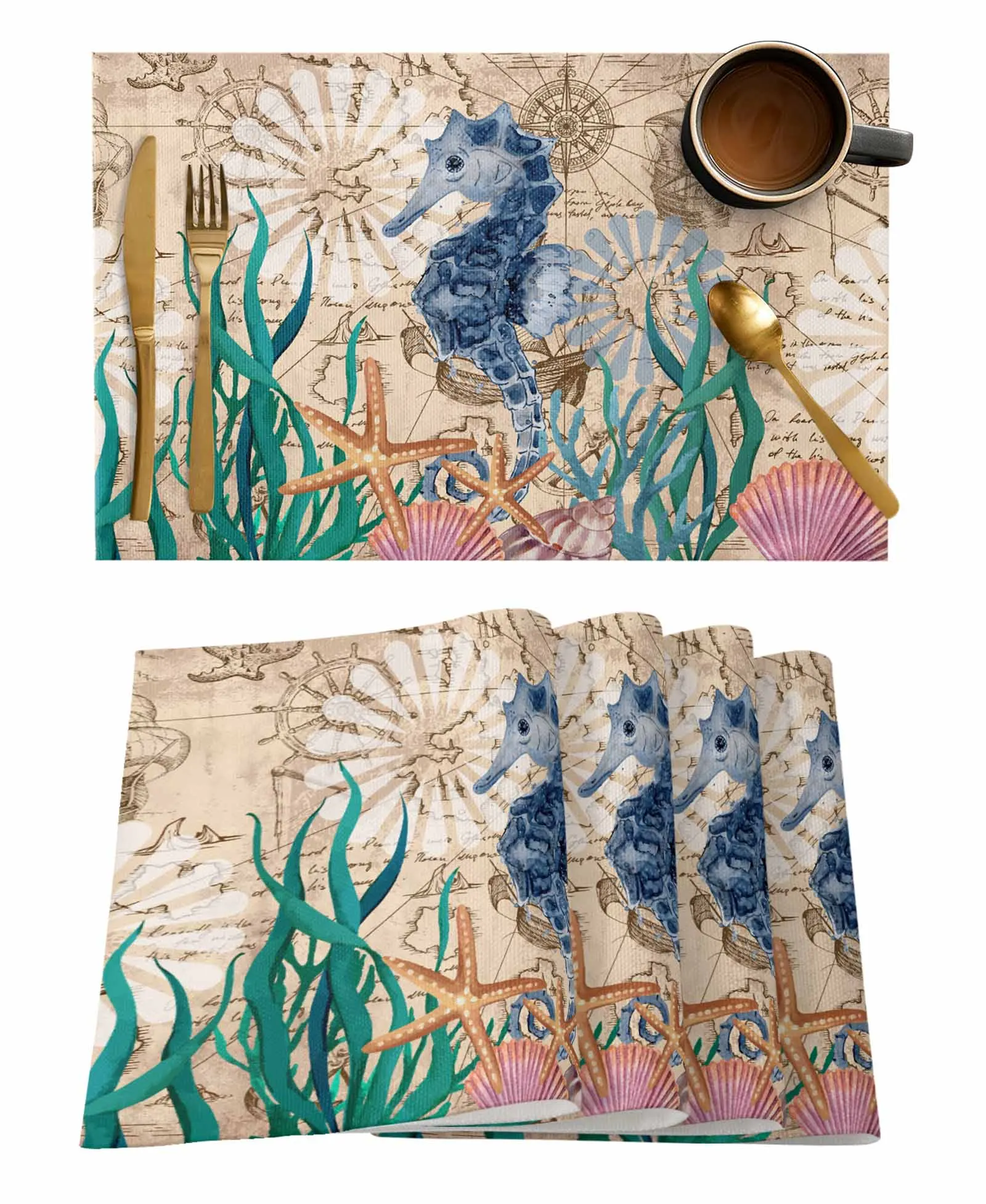 Marine Treasure Seahorse Shell Seastar Retro Wedding Party Table Runners Kitchen Dinning Table Cover Decor Tablecloth Placemats