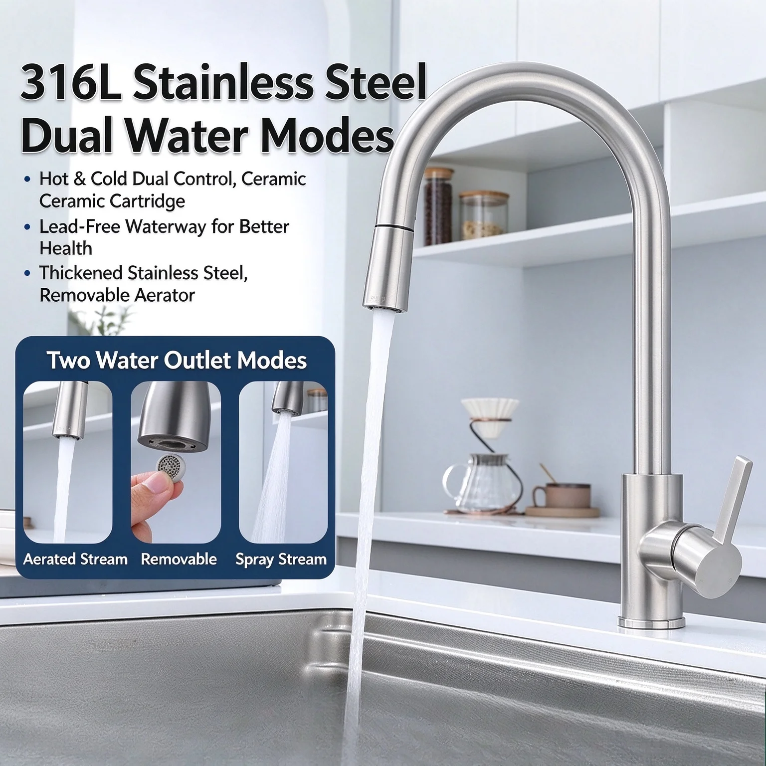 316 Stainless Steel Pull Out Kitchen Faucet, 360° Spout, Hot & Cold Mixer, Lead-Free, Splash Resistant Wash Basin Tap