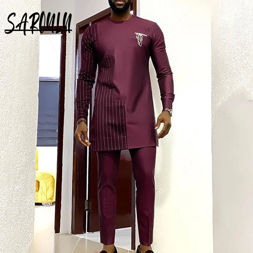 

Newest Burgundy Charming 2-pieces Set For Man Exclusive African Party Men's Shirts Elegant Long Sleeves High Quality Wear