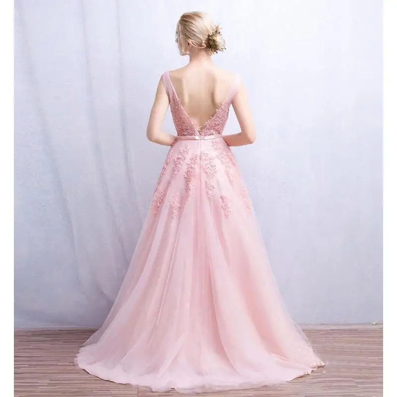 BABYONLINE Roze Prinsessenjurk Kralen Applicaties V-hals Backless Galajurken Zachte Tule Vloerlengte Feest Bruidsmeisjes Jurken