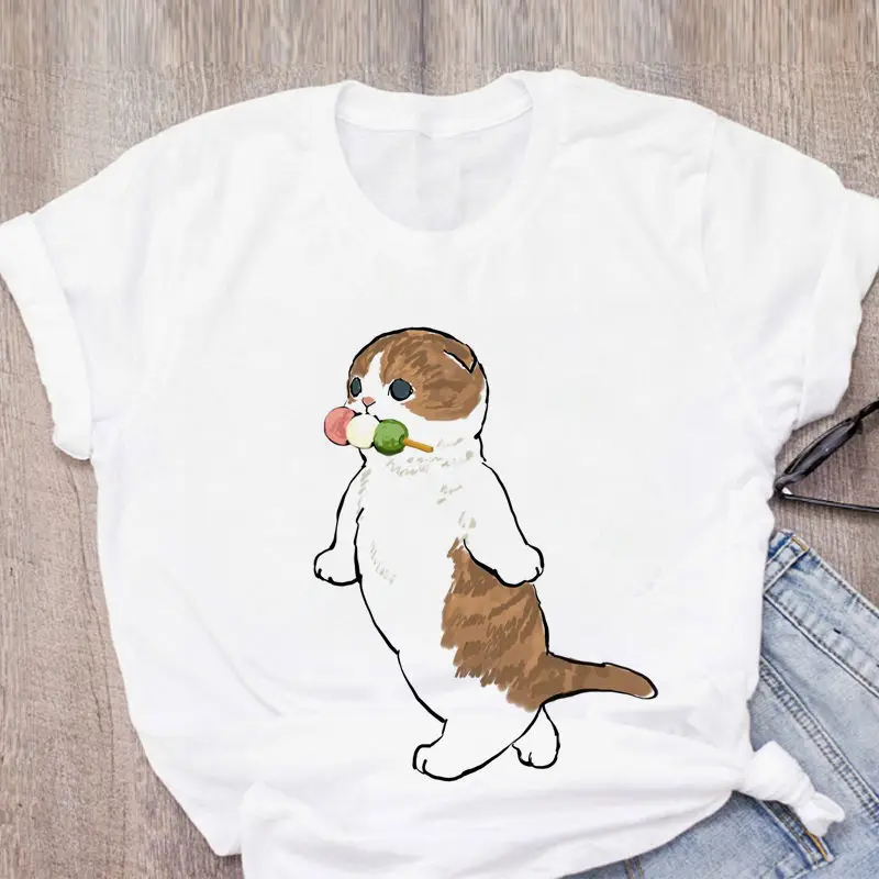 Women\'s Cute Cat Funny Cartoon Harajuku print ladies T-shirt casual basis O-collar White shirt short sleeve ladies Tshirt