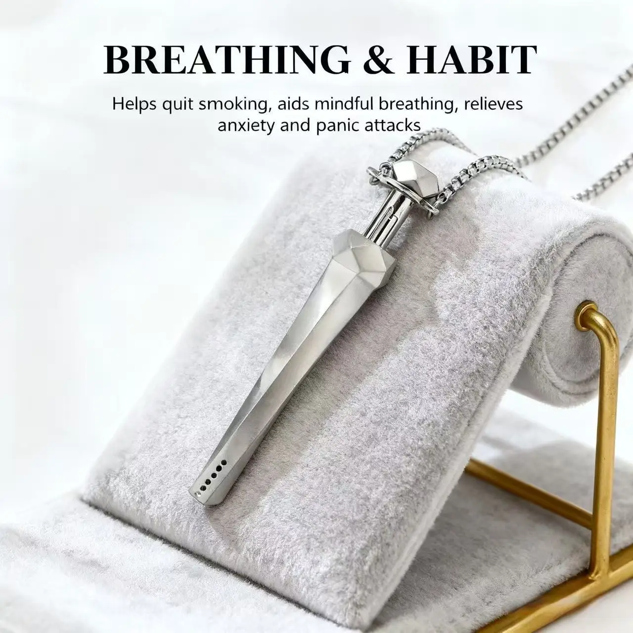 Collier respiratoire à coupe géométrique : paille télescopique à ressort 2 en 1 pour soulager l'anxiété, soulager le stress et la pleine conscience