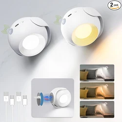 Led Motion Sensor Wall Lamp Touch 360 Rotatable USB Recharge Wireless Portable Night Light For Bedroom Reading Lamp