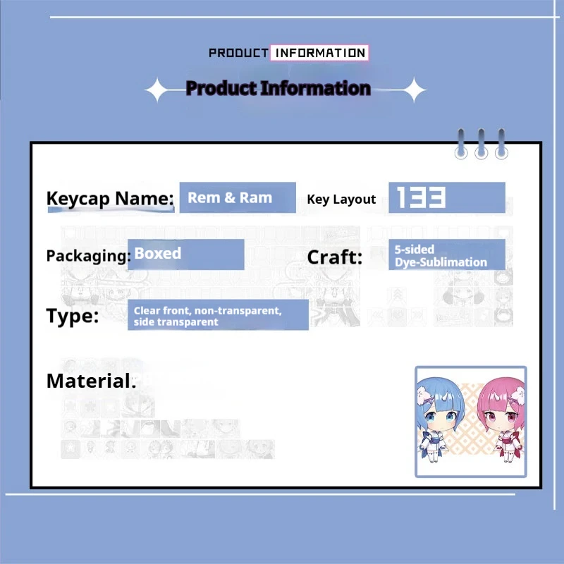 Re:LifeInADifferentWorldFromZero Game keycap Rem Ram Custom Mechanical Keyboard Anime Accessories PBT Hot Plug Original Height
