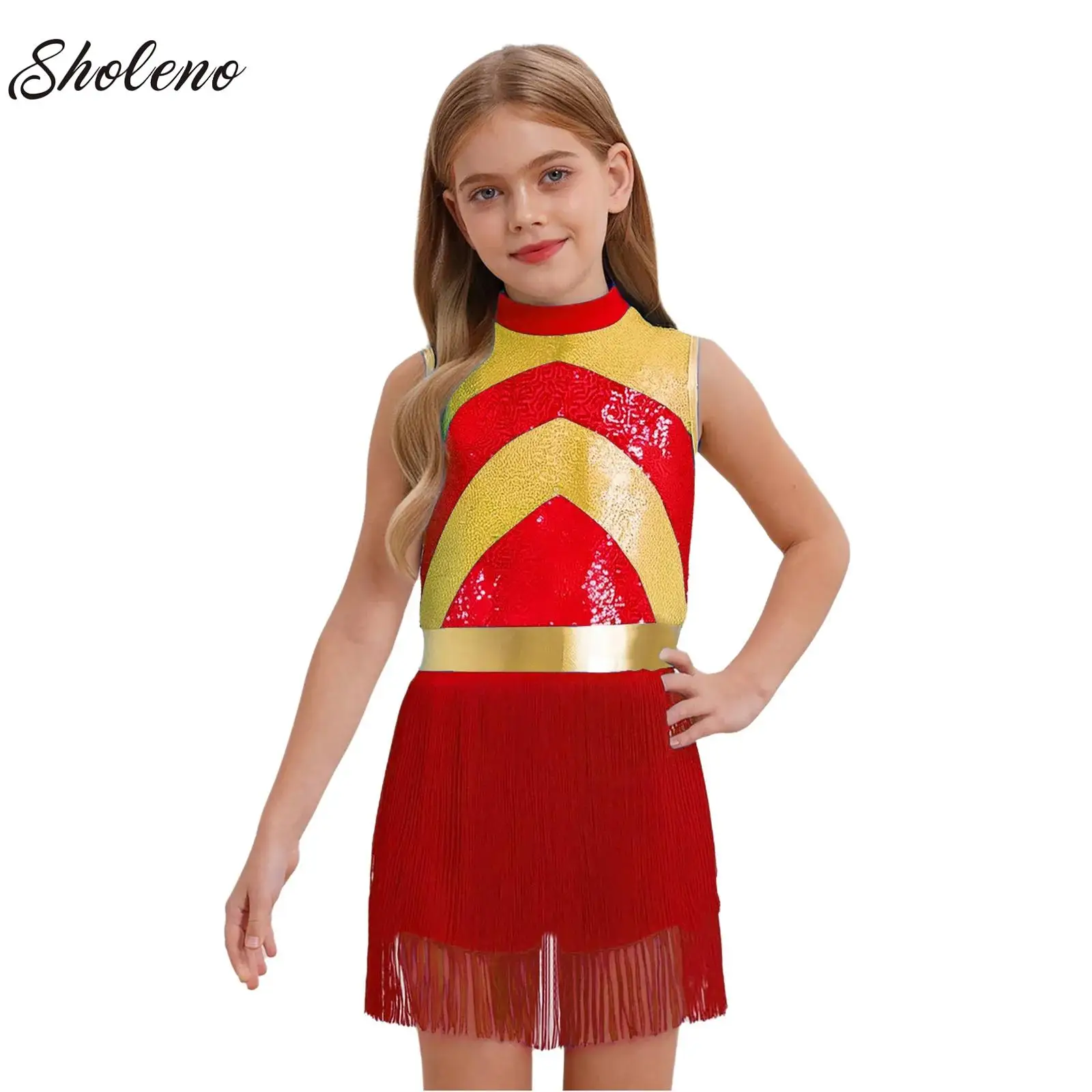 

Girls Shiny Sequin Latin Jazz Dance Dress Sheer Sleeveless Tassel Hem Figure Skating Ballet Leotards Stage Performance Dancewear