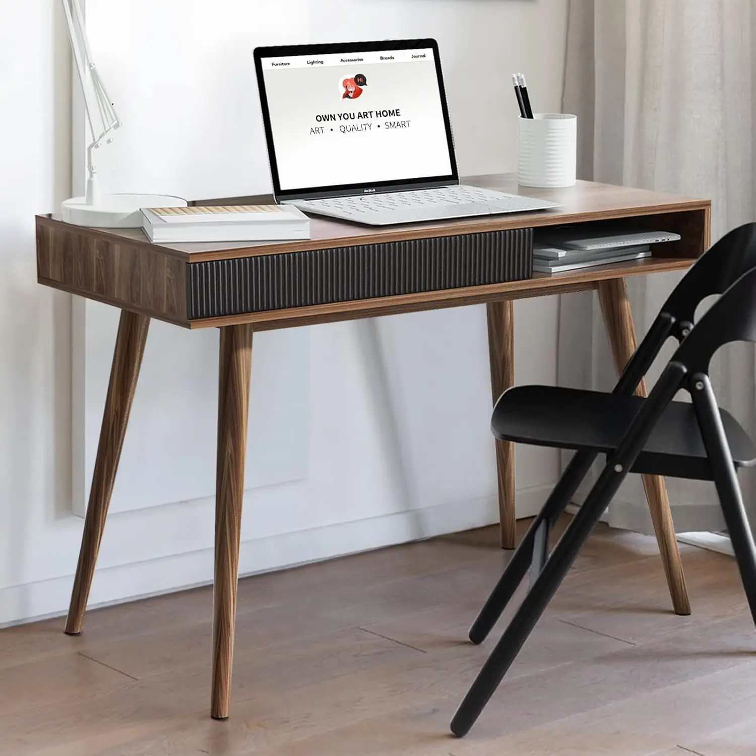 

Mid Century Modern Office Desk with Drawer - Simple Writing Desk for Home Office, Walnut