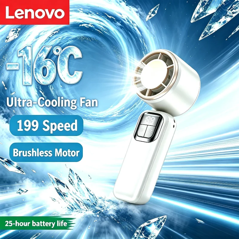 Ventilador Portátil Mini de Alta Velocidade Lenovo com Display Digital USB, Dobrável, Turbo Ajustável para Escritório e Atividades ao Ar Livre