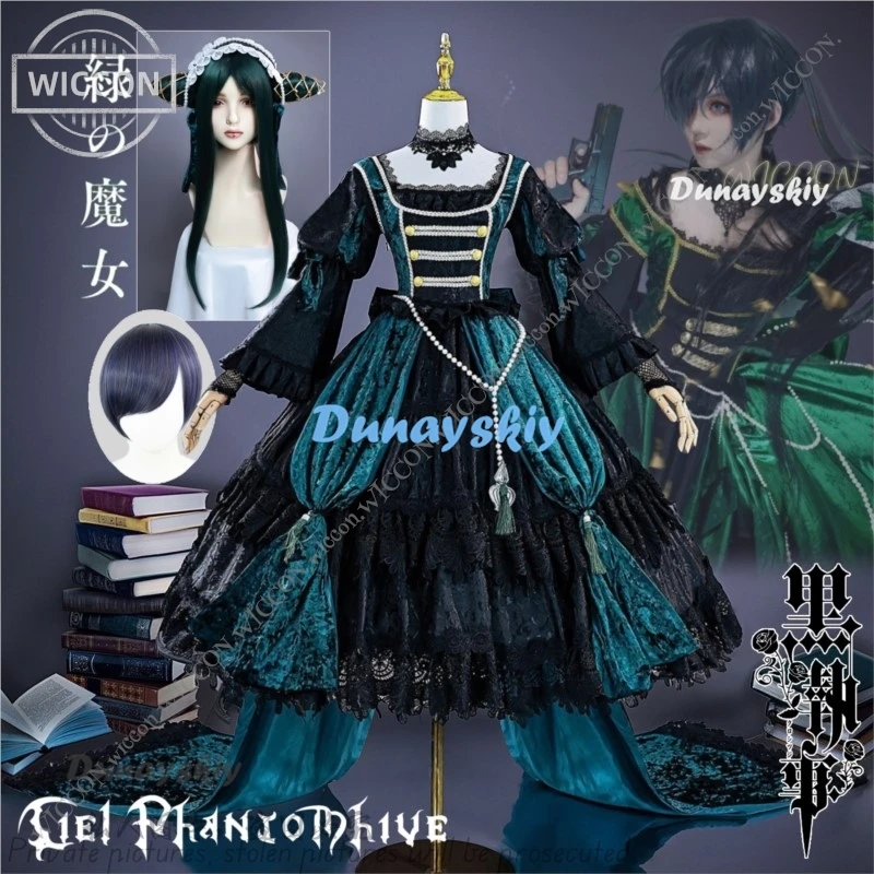 Ciel Phantomhive Anime Black Butler Sullivan Green Witch Cosplay Costume Wig Shoes Lolita Comic-Con Disguise Halloween Party