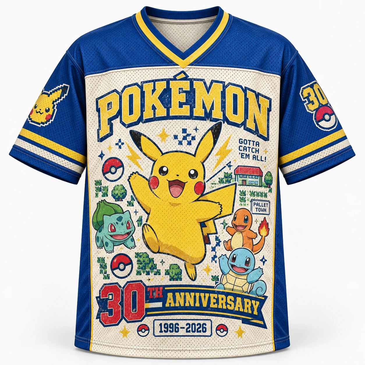 Pokemmo30th Anniversary Mesh Shirt Men's and Women's T-shirt Full Print Retro Anime Street Role Playing Top