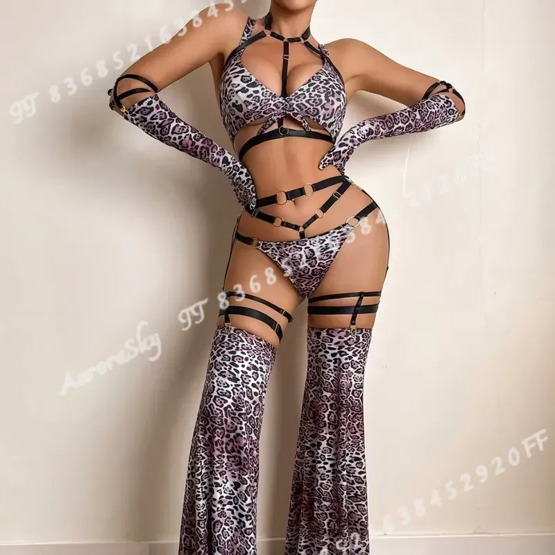 2026 Fashion Leopard Print Heavy Industry Complex Strap Hollow Out Body Shaping Sexy Lingerie Split Set