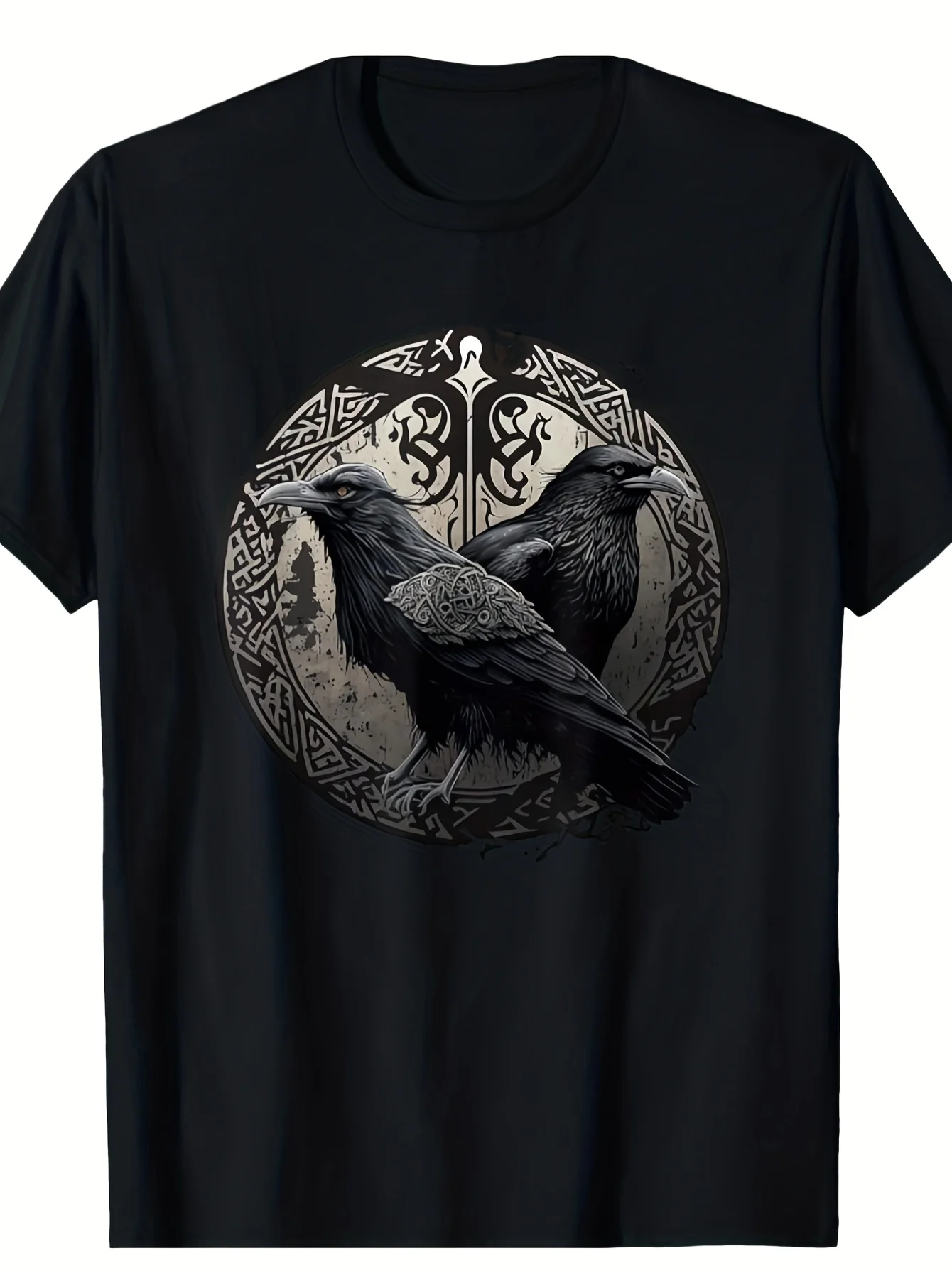 2026 Men's T-Shirt Featuring Scandinavian Odin And Two Ravens from Norse Mythology, Designed with Celtic Knotwork in Black And W