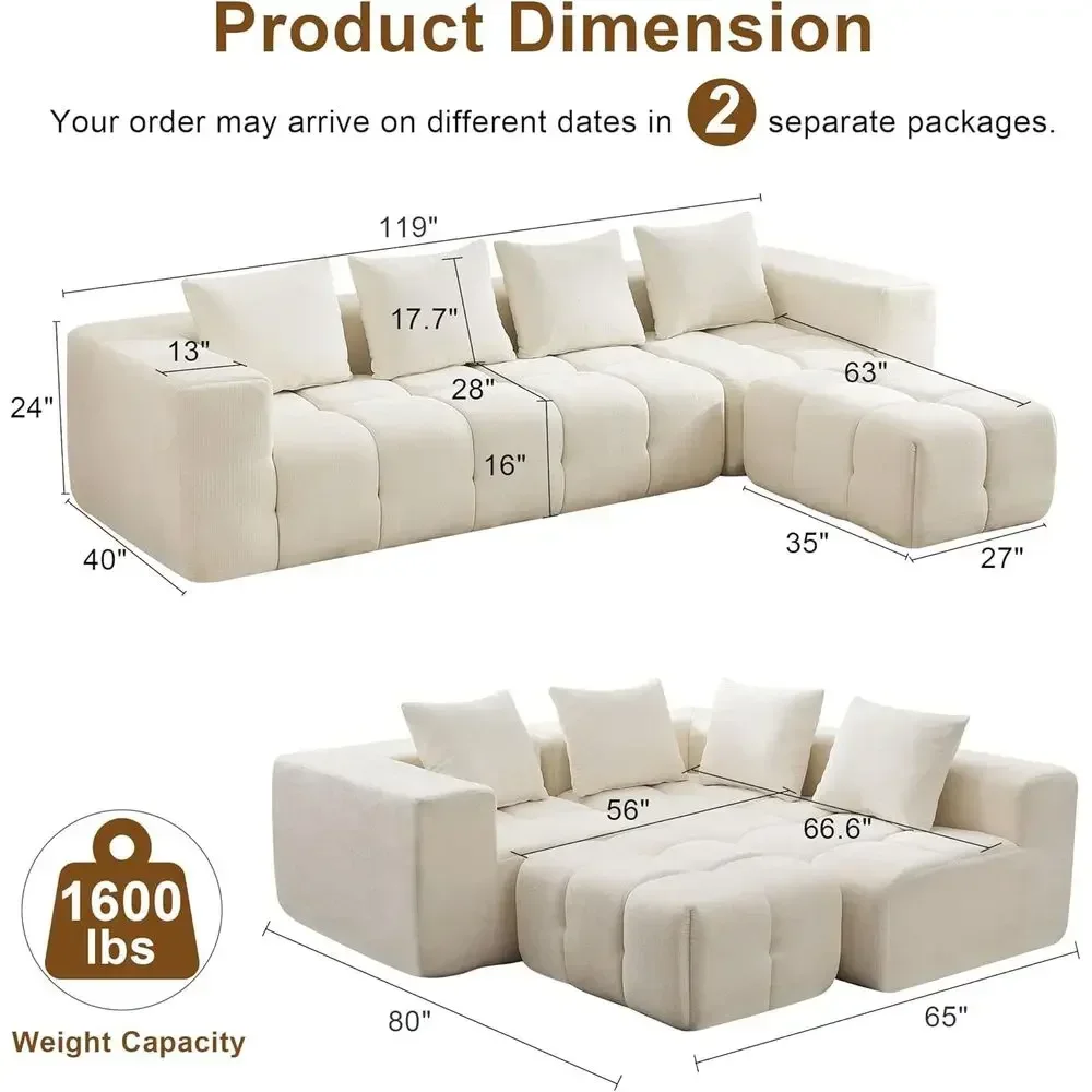 Cloud Sectional Couch with Deep Seat, High-Density Memory Foam, Chaise, L-Shaped Sofa for Living Room, No Assembly Required, Bei