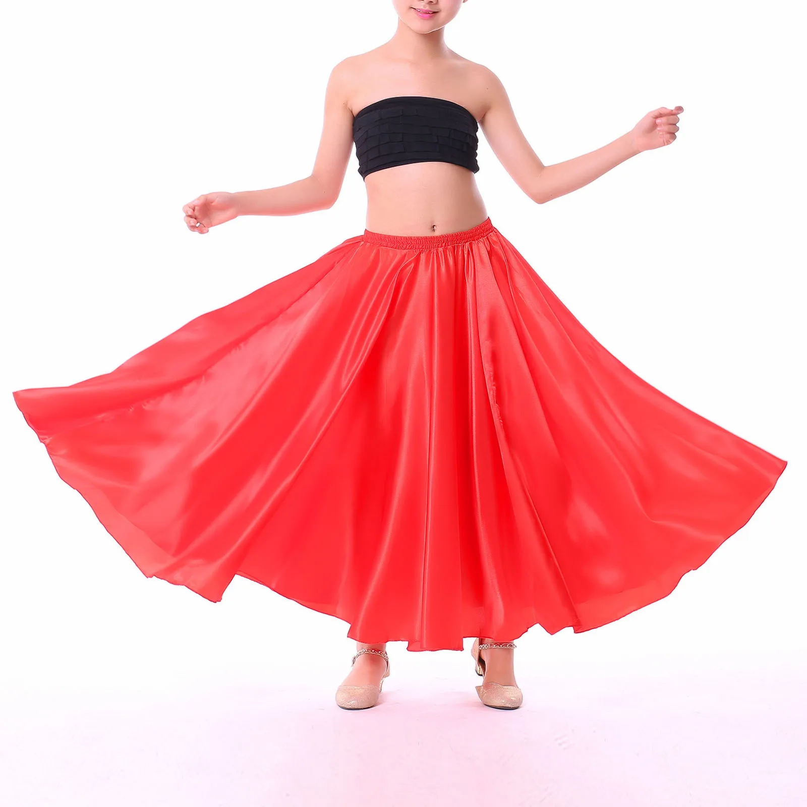 Girls Shining Satin Spanish Flamenco Skirt Colorful Big Swing Folkloric Mexican Folk Dance Long Skirts Rave Performance Costume