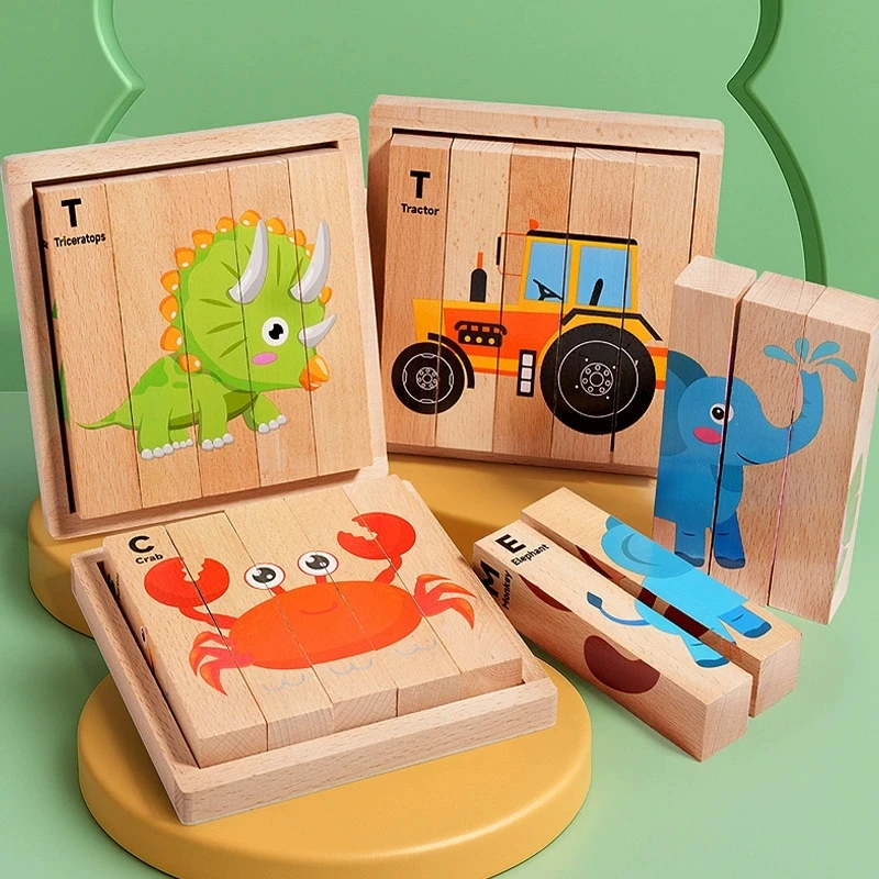 Stereoskopische Streifen-Tiertransportbausteine aus Holz, Verkehrs-Dinosaurier-Puzzle, Aufklärungsspielzeug, 4-seitiges Muster-Puzzle