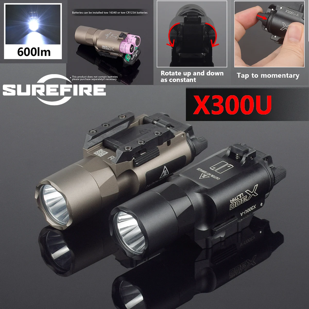 

Tactical Surefir X300 Ultra X300U X300V XH35 Metal Momentary Constant Strobe LED Light Fit 20mm Rail for Airsoft G17 G19 Lights