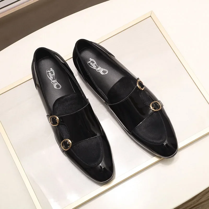 FELIX CHU Men\'s Patent Leather Monk Strap Dress Shoes Wedding Loafers Horse Hair Detail Casual Formal Party Gentlemen Footwear