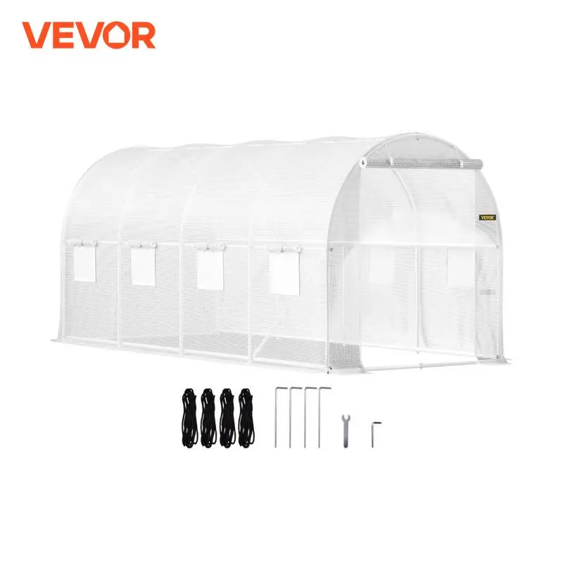 VEVOR 15x7x7ft Portable Walk-in Tunnel Greenhouse with Galvanized Steel Hoops 1 Top Beam Diagonal Poles 8 Roll-up Windows White