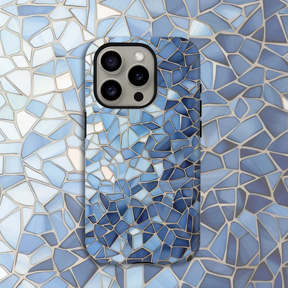 Blue Mosaic Tile Phone Case for Samsung Galaxy S20 S23 S24 S25 S26 FE Plus Ultra Edge 4G 5G Luxury Double-layer Back Cover