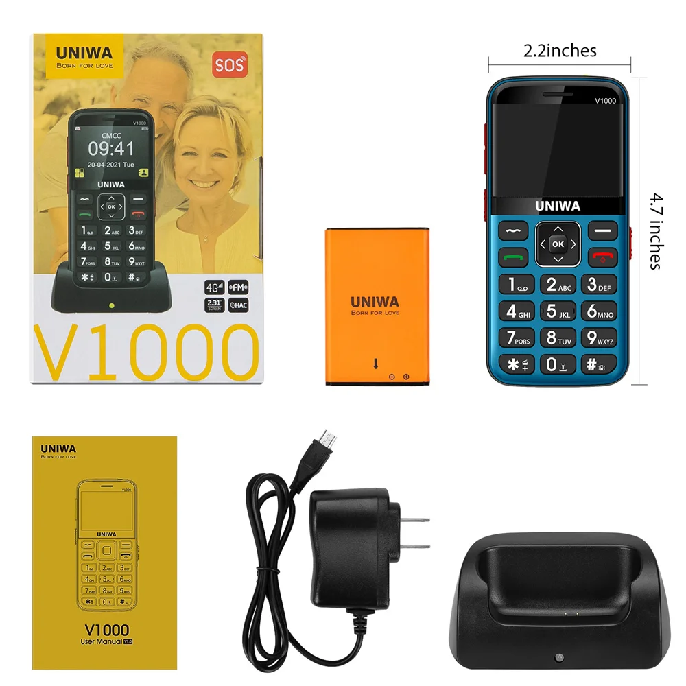 UNIWA V1000 4G Feature Phones Strong Torch Big Button Long Time Standby 2.31Inch 0.3MP Camera Cellphone English Russian Keyboard