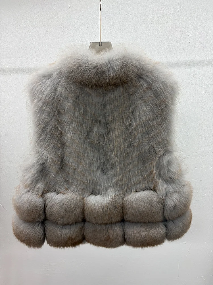 Winter Women's Warm Natural Real Fox Fur Vest Coat  Fur Strip Sewed Toghter Waistcoat Luxury Female Jacket Streetwear
