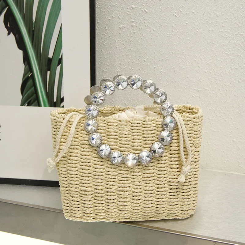 

Bohemian Woven Box Bags for Women Luxury Rhinestone Crystal Handbags and Purses Diamonds Evening Straw Beach Bag Clutch Ladies