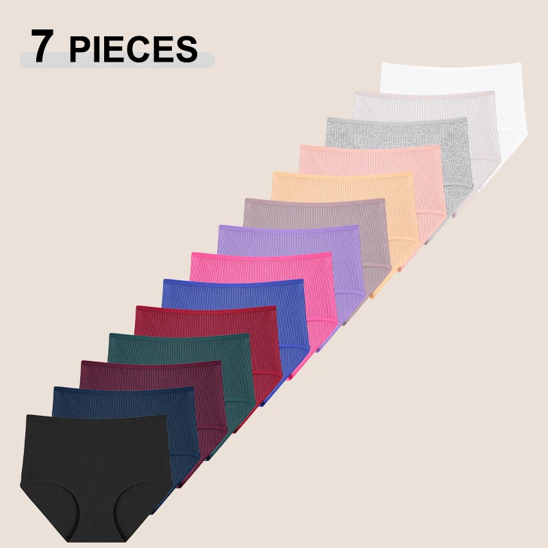 7Pcs Women's Cotton Panties Solid Color Plus Size Briefs Female Mid Waist High Elastic Underwear Cozy Breathable Lingerie S-2XL