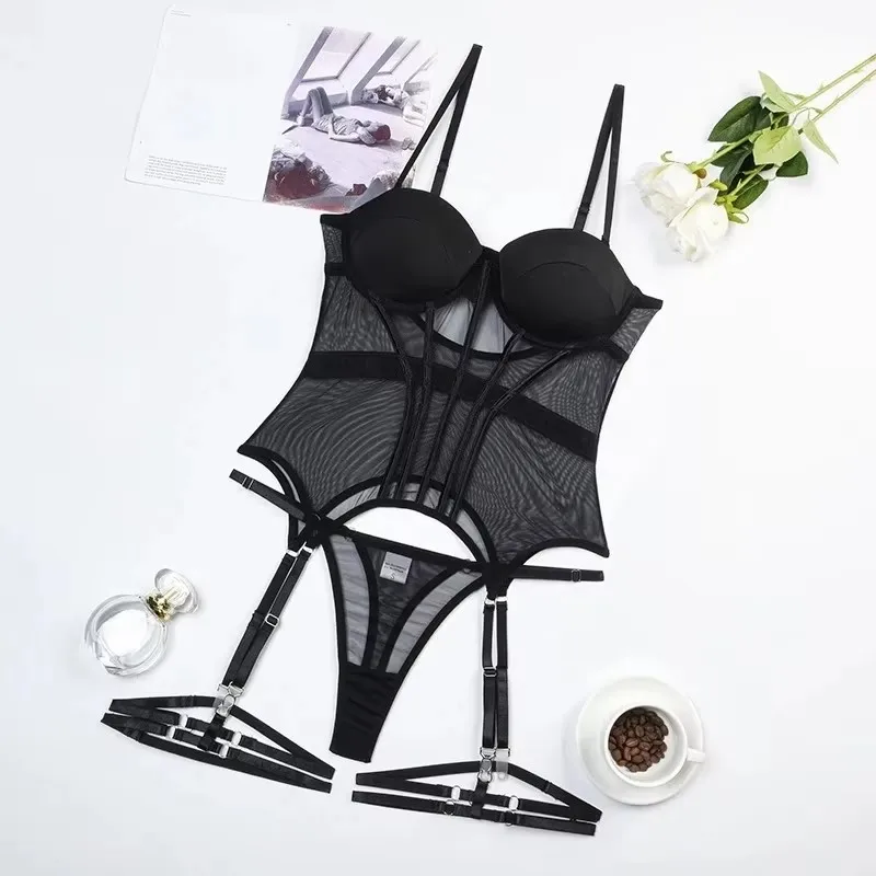 Luxury Brand Women's 3 Piece Mesh Lingerie Set with Backless Bodysuit And Garter Sexy Dress Collection