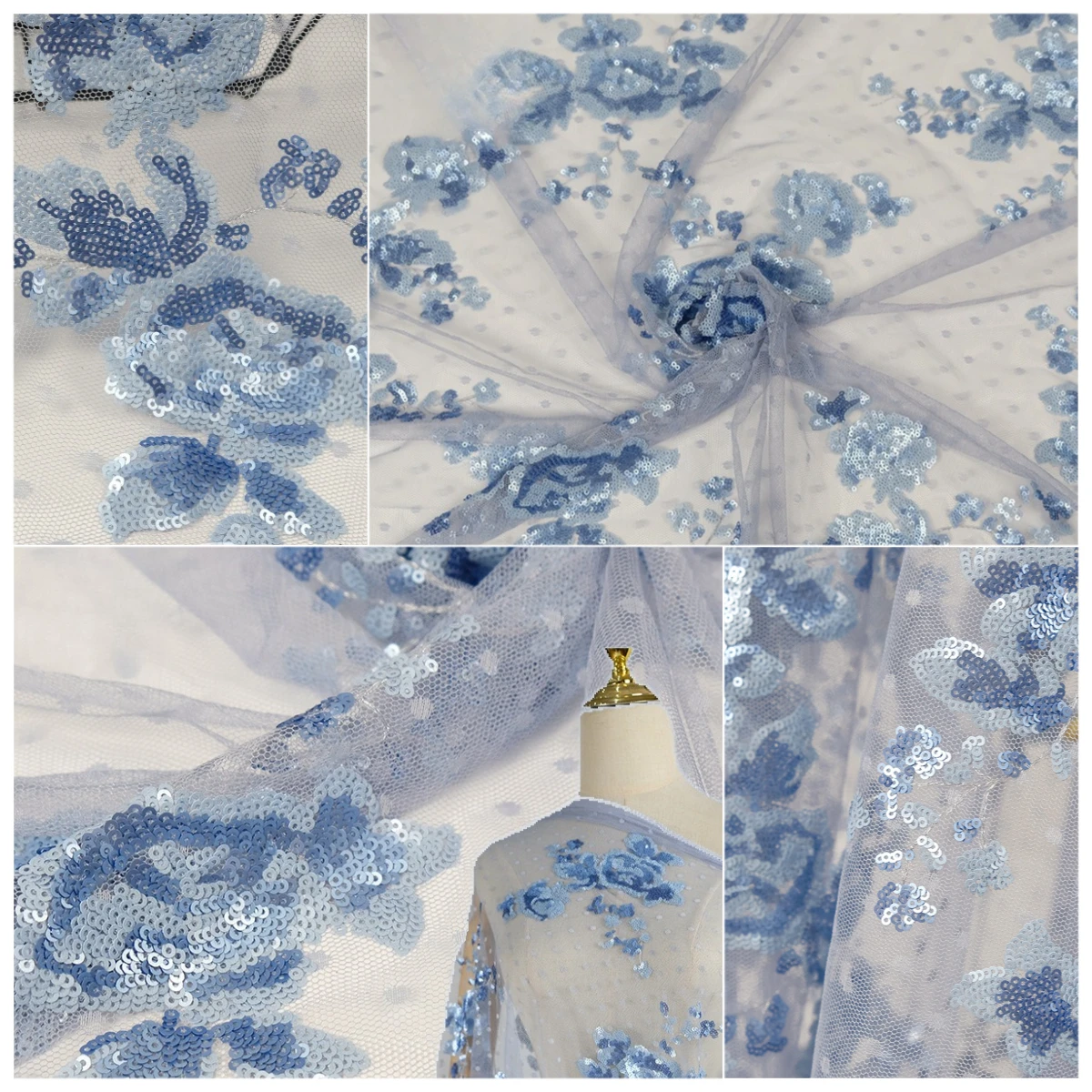 

2025 синяя ткань Ципао с блестками в горошек, вышитая сетчатым шелком для вечерних платьев и традиционных китайских костюмов