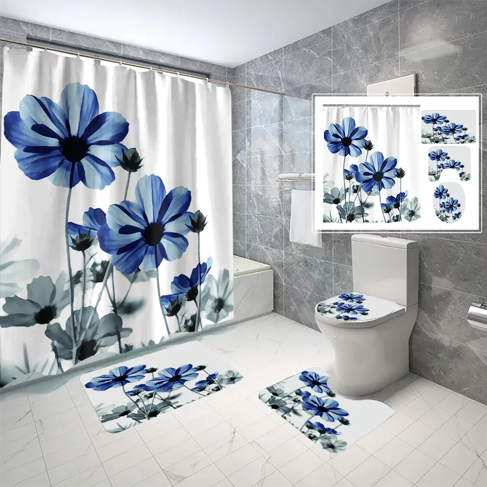 

4pc Blue Floral Bathroom Set - Shower Curtain + Rug + Toilet Seat Cover, U-Shaped Mat, Modern Watercolor Floral Decoration