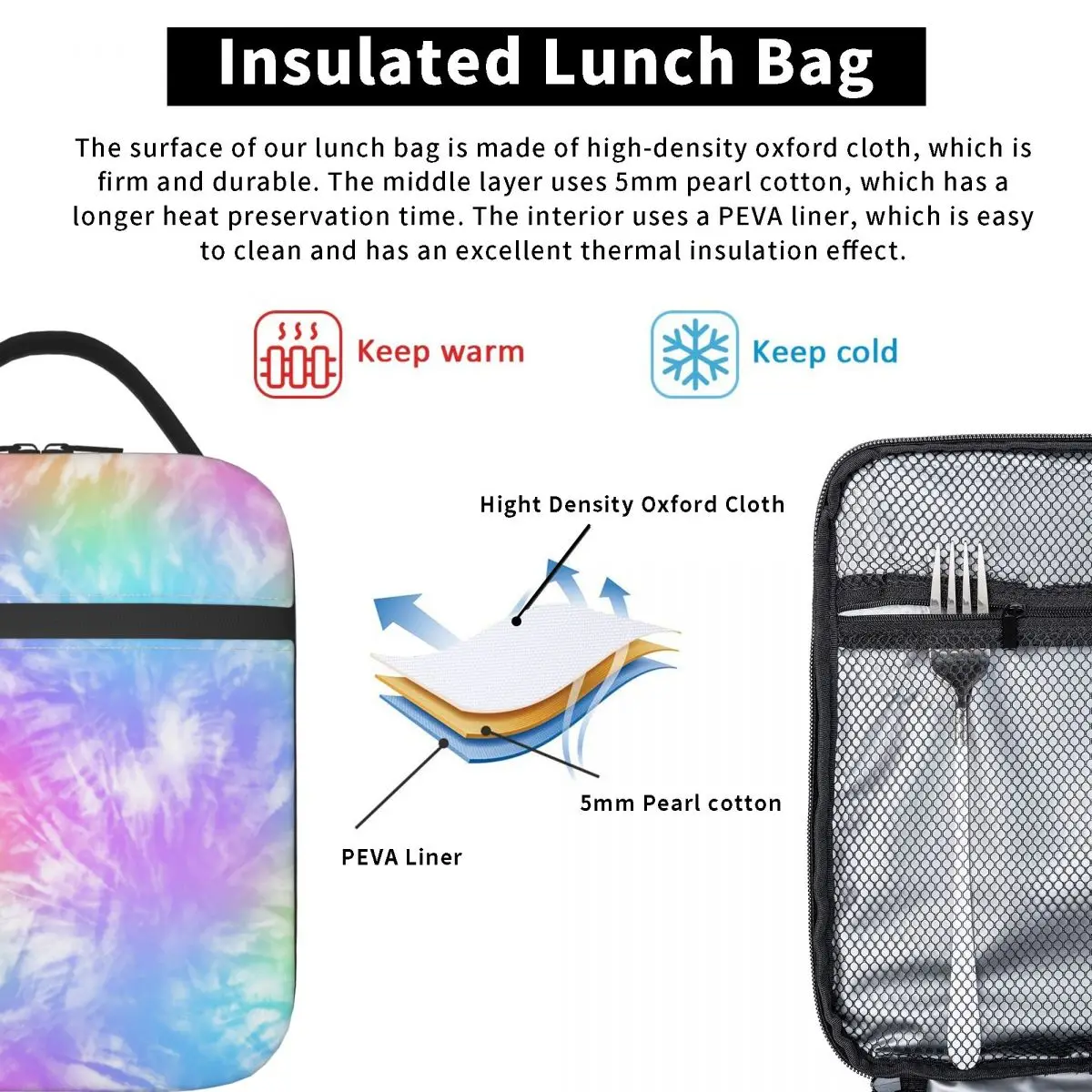 Pastel Tie Dye Colorful Pattern Thermal Insulated Lunch Bag Women Resuable Lunch Container for Outdoor Picnic Storage Food Box