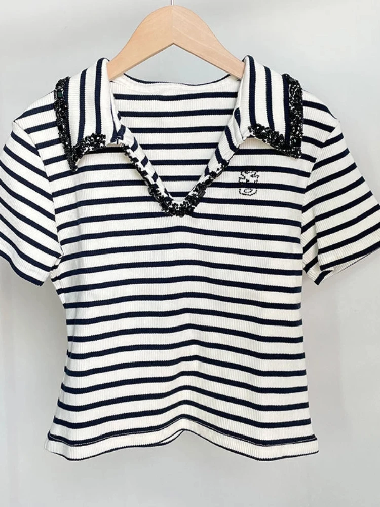 

2025 New Striped Turn-Down Collar Pullover Sweater Versatile Short Sleeve Knitted Top Spring & Summer Women's Clothing Tops