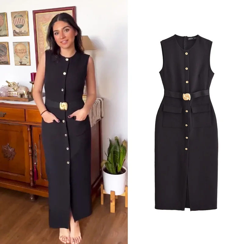 HXAO Black Elegant Party Midi Dresses 2025 Women\'s Spring Sleeveless Long Dresses Fashion Casual Vintage Evening Dress Vestidos