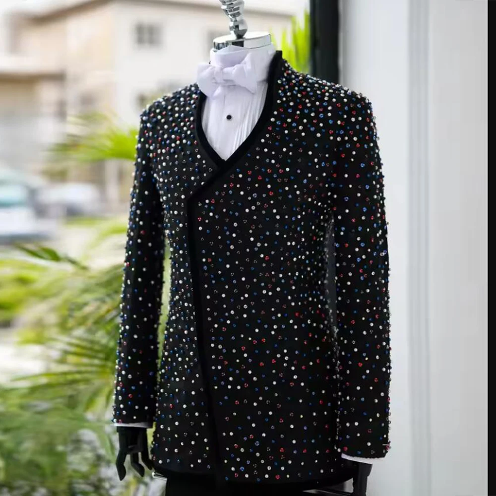 

Glittering Beads Stones Suits Men 2 Piece Sets Double Breasted Jacket Pants Customized Groom Wedding Tuxedos Prom Party Outfit