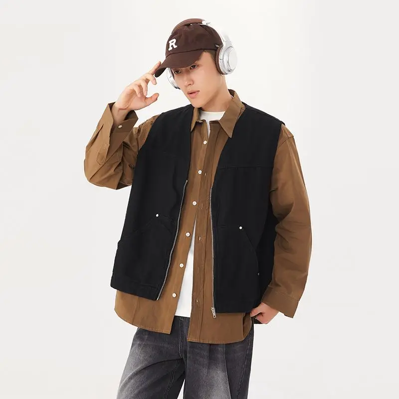 

Весенне-осенняя рабочая одежда High Street, джинсовый жилет, мужская свободная, свободная, универсальная модная брендовая майка без рукавов в стиле ретро.