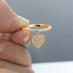 Luxury Crystal White Zircon Love Heart Pendant Rings For Women Vintage Gold Color Wedding Band Engagement Jewelry Mother's Gifts