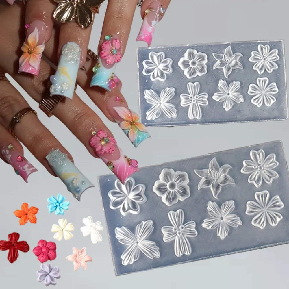

3D Spring Summer Cherry Blossom Lily Floral Silicone Nail Carving Mold Five-Petal Flower Manicure Template Nail Art Stencil Tool