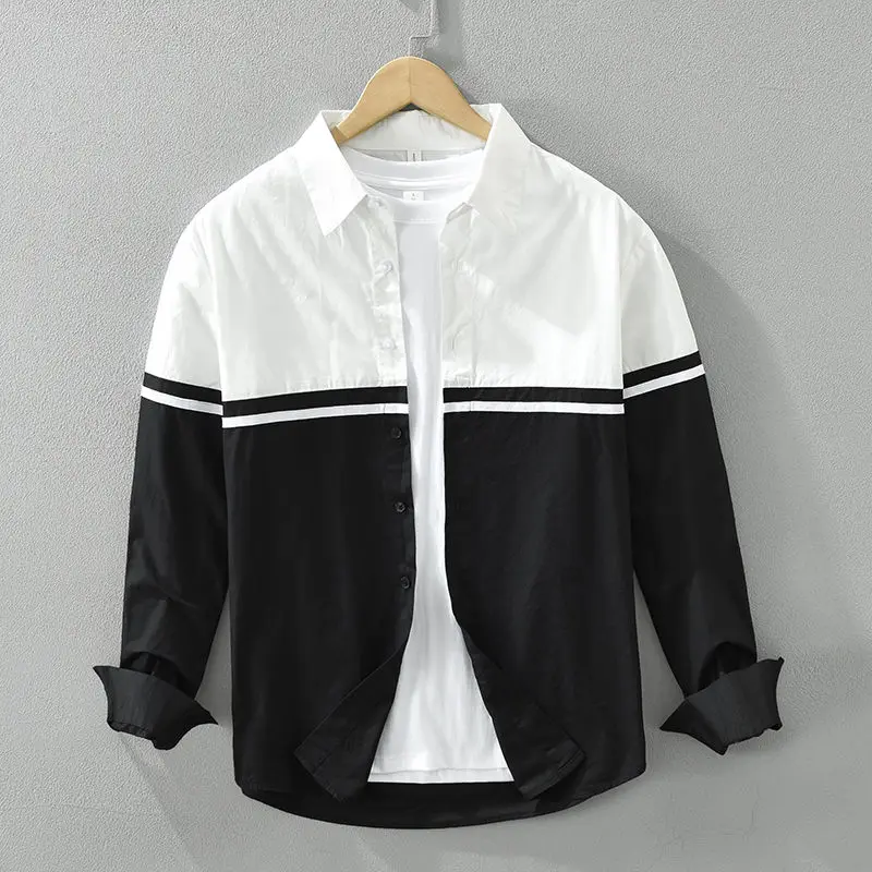 Polo Neck Contrast Patchwork Korean Blouse Men's Spring Autumn New Long Sleeve Loose Casual Shirt Tops Fashion Trend Men Clothes