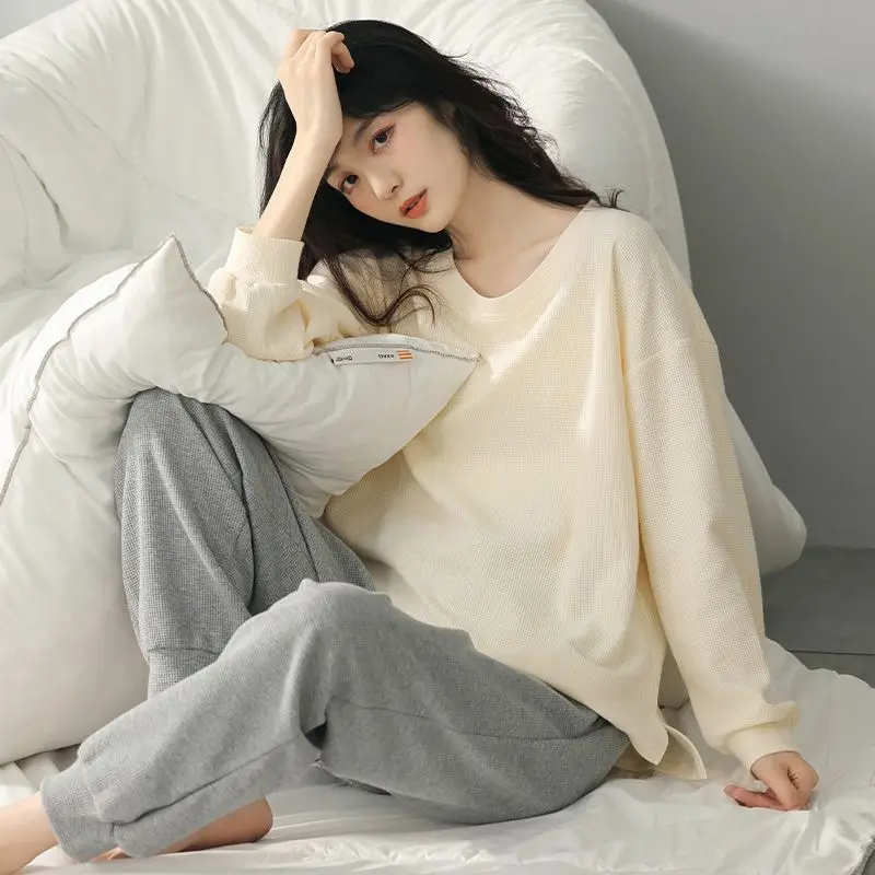 New Style Waffle Spring and Autumn Pajamas  Pure Cotton Long Sleeves and Big Size Loungewear You Can Wear A Suit in The Winter