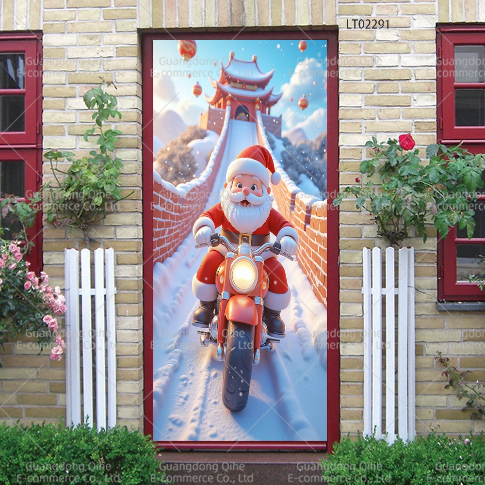 Santa Claus door stickers Cute cartoon holiday posters Waterproof self-adhesive party wallpaper