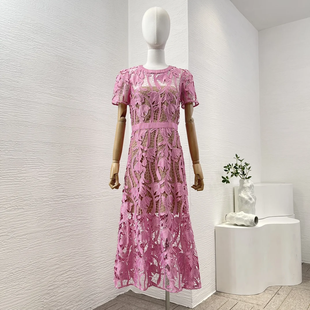 2024 New Blue Pink Grid Cutout Lace Patchwork Hollow Out See Through Midi Dress