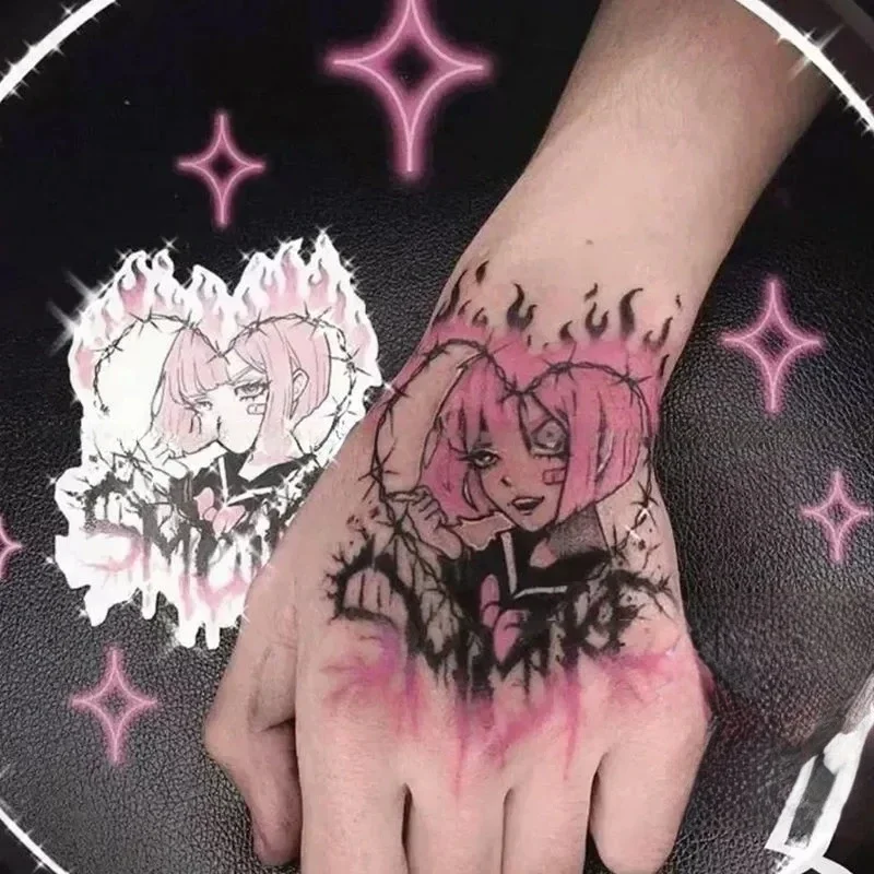 

Cartoon Temporary Tattoos Gothic Girl Pink Hair Symbolizing Love Waterproof Fake Tattoo Body Art Tatoo Body Stickers