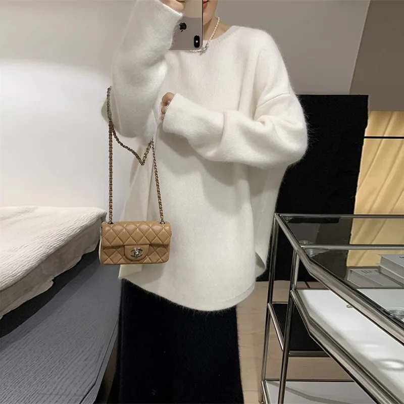 

Женский свободный кашемировый свитер, корейский трикотаж средней длины, винтажный французский однотонный пуловер большого размера, осенне-зимний свитер с высоким воротником