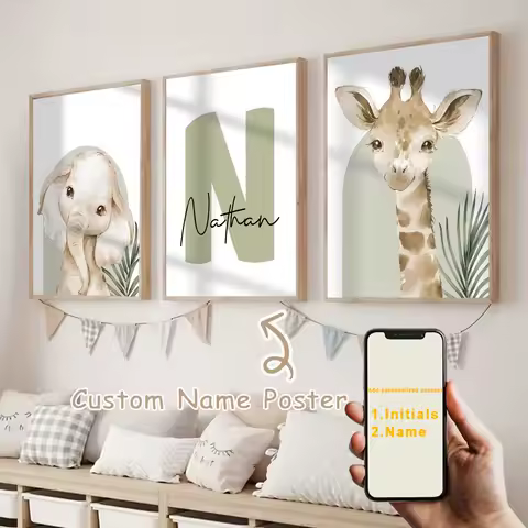 3pcs/set Customized Personalized Name Safari Canvas Print Animals Elephant Giraffe Nursery Birthday Gift Poster for Home Decor