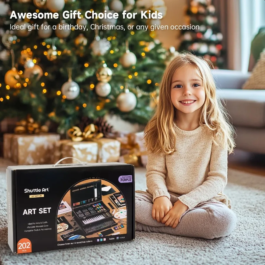 Deluxe Gift Art Kit 202Piece Wooden Art plies Set with 4 Drawing Pads Canvases Coloring Sheets Acrylic Paint Crayons Oil Pastel